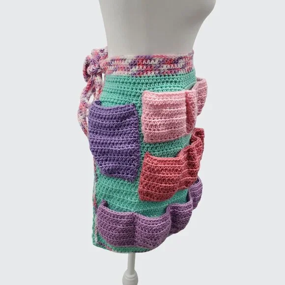 Egg Collecting Apron Blue Pink Purple Yarn Handmade Crochet Apron - Picture 4 of 5